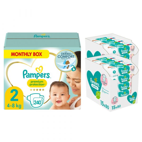 Pampers Premium Protection Luiers Maat 2 en Pampers Billendoekjes Sensitive 15x80=1200 doekjes Pakket