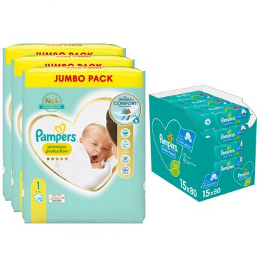 Pampers Premium Protection maandbox maat 1 216 luiers en Fresh Clean 1200 billendoekjes Pakket