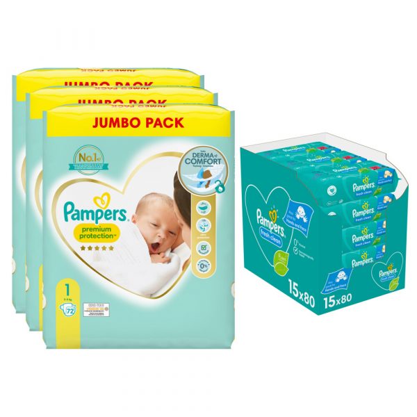 Pampers Premium Protection maandbox maat 1 216 luiers en Fresh Clean 1200 billendoekjes Pakket