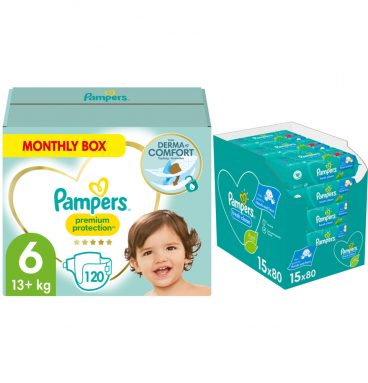 Pampers Premium Protection maandbox maat 6 120 luiers en Fresh Clean 1200 billendoekjes Pakket