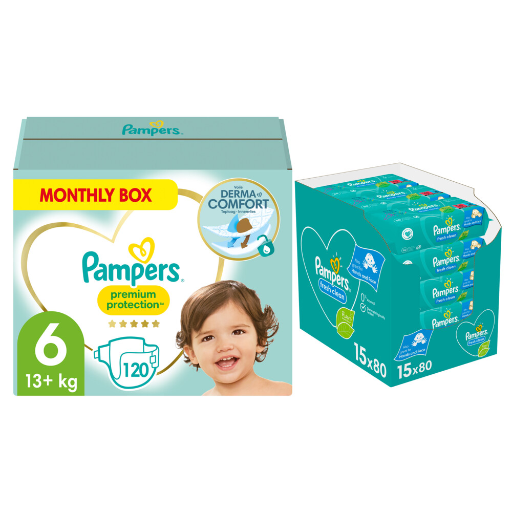 Pampers Premium Protection maandbox maat 6 120 luiers en Fresh Clean 1200 billendoekjes Pakket