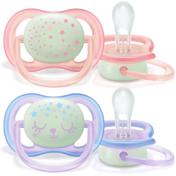 Philips Avent Ultra Air-Fopspeen Night 0-6 mnd Roze/Paars met Opdruk 2 stuks