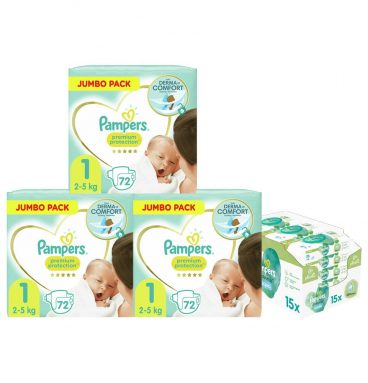 Premium Protection Jumbo Pack Maat 1 2-5 kg Maandbox 216 stuks en Pampers Billendoekjes Harmonie Aqua 15x48 =720 doekjes Pakket