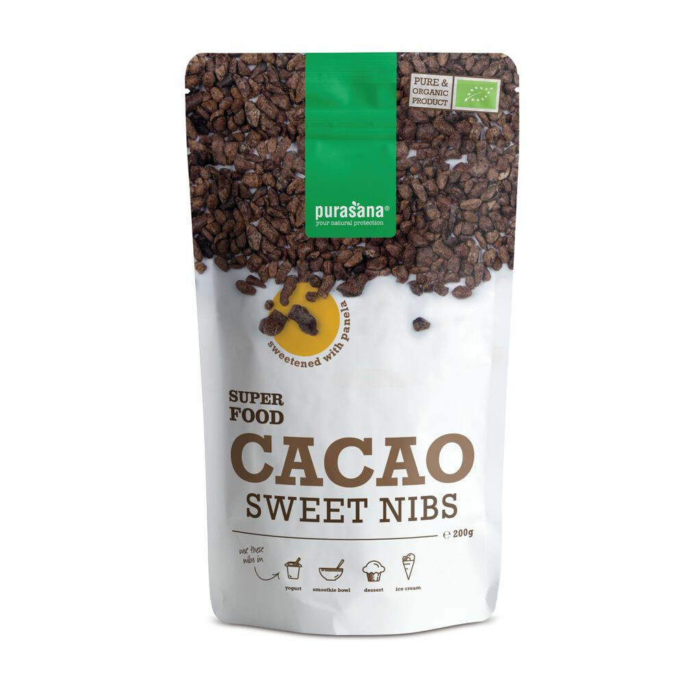 6x Purasana Cacao Nibs Gezoet met Panela Bio 200 gr