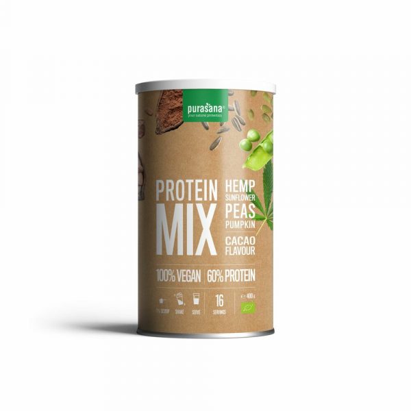 Purasana Vegan Erwt Hennep Zonnebloem Pompoen Proteine Mix Cacao BIO 400 gr