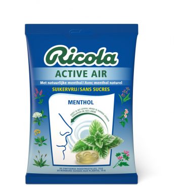 12x Ricola Keelpastilles Active Air Menthol Suikervrij Zakje 75 gr