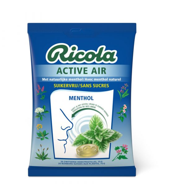 12x Ricola Keelpastilles Active Air Menthol Suikervrij Zakje 75 gr