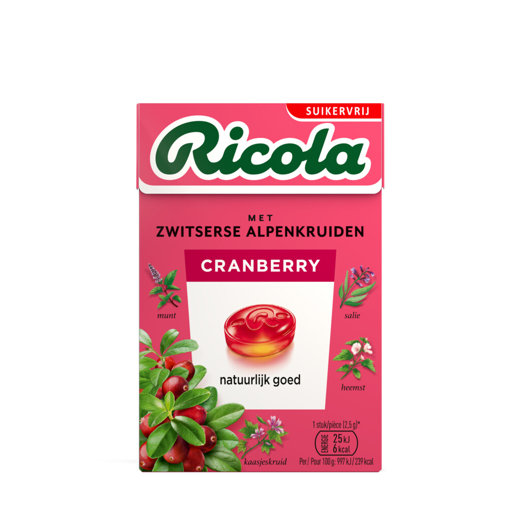 6x Ricola Keelpastilles Cranberry Suikervrij Doosje 50 gr