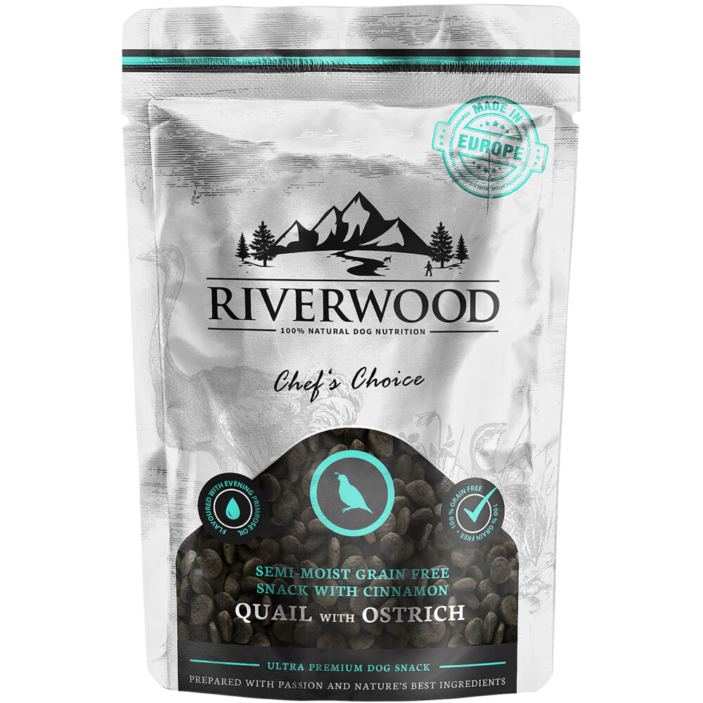 10x Riverwood Semi-moist Snack Dog Chef's Choice Quail&Ostrich 200 gr