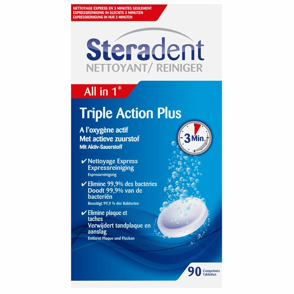 4x Steradent Triple Action Plus Kunstgebit Reiniger 90 tabletten