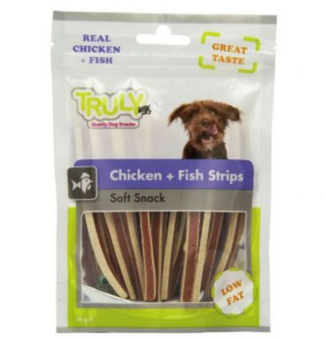 15x Truly Hondensnack Strips Chicken&Fish 90 gram