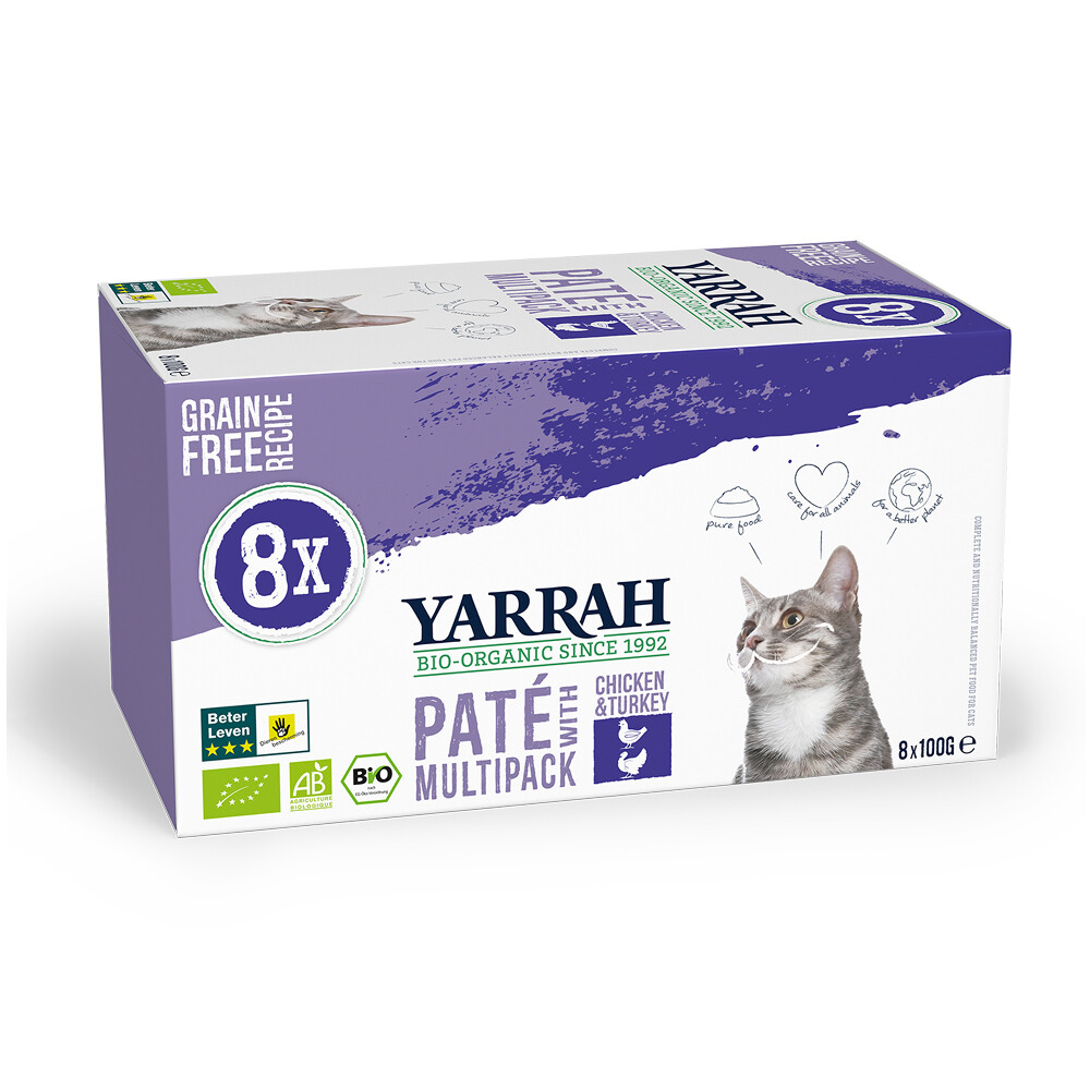 8x Yarrah Bio Kattenvoer Multipack Paté Graanvrij Kip - Kalkoen 8 x 100 gr